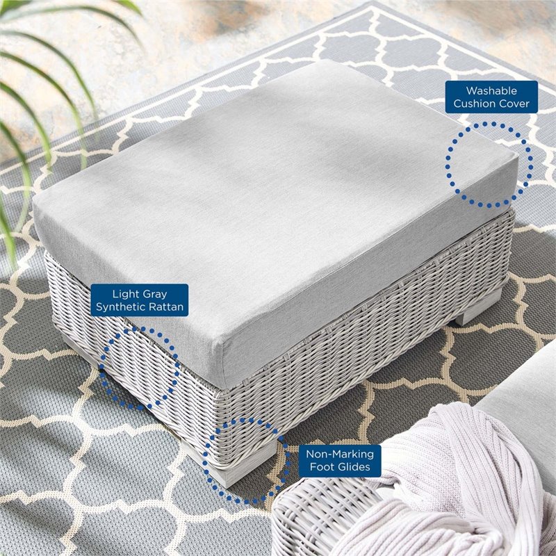 Modway Conway Modern Rattan & Fabric Outdoor Ottoman in Light Gray