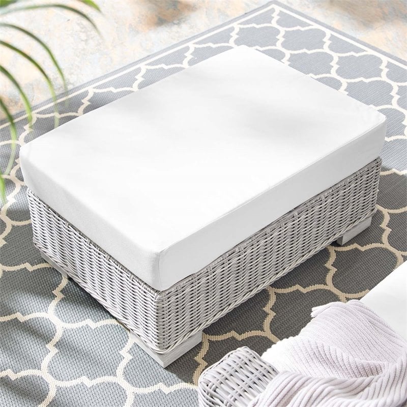 Modway Conway Modern Rattan & Fabric Outdoor Ottoman in Light Gray/White