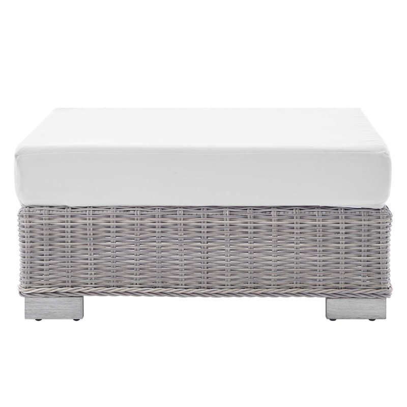 Modway Conway Modern Rattan & Fabric Outdoor Ottoman in Light Gray/White