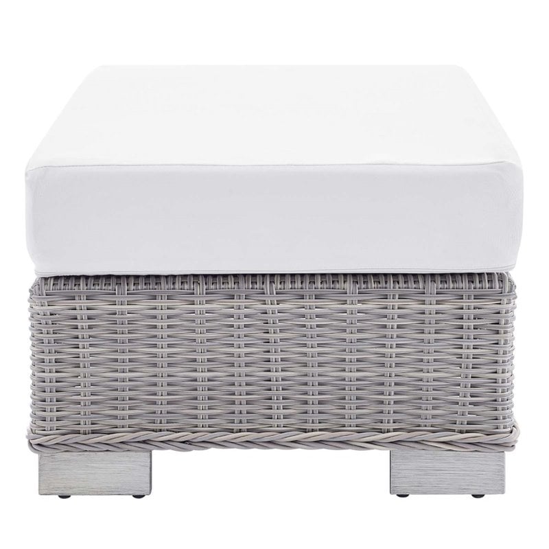 Modway Conway Modern Rattan & Fabric Outdoor Ottoman in Light Gray/White