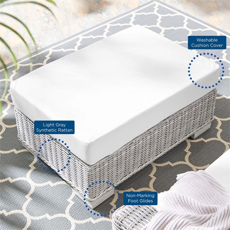 Modway Conway Modern Rattan & Fabric Outdoor Ottoman in Light Gray/White