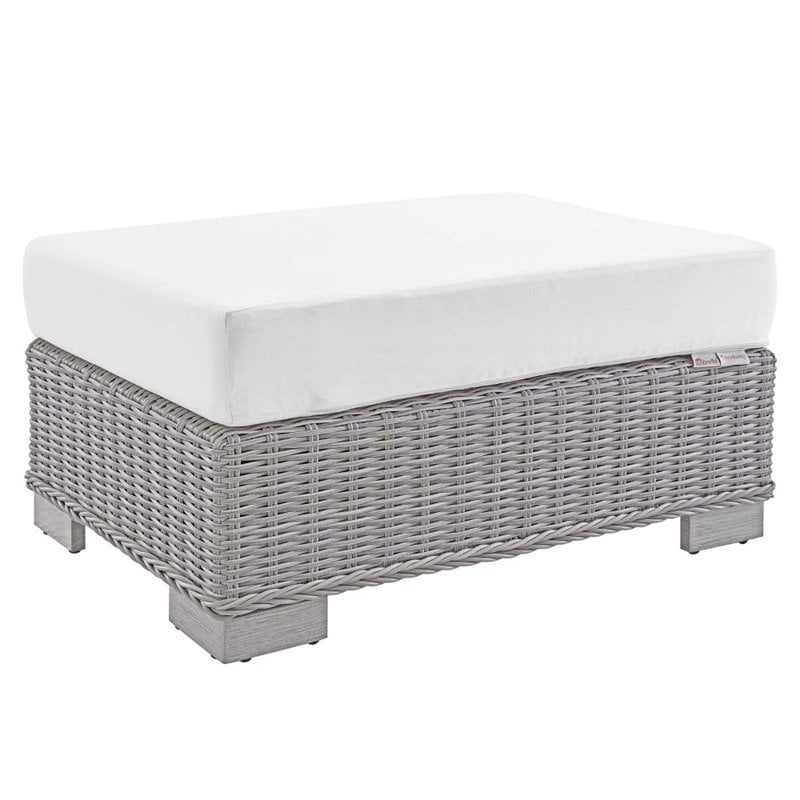 Modway Conway Modern Rattan & Fabric Outdoor Ottoman in Light Gray/White
