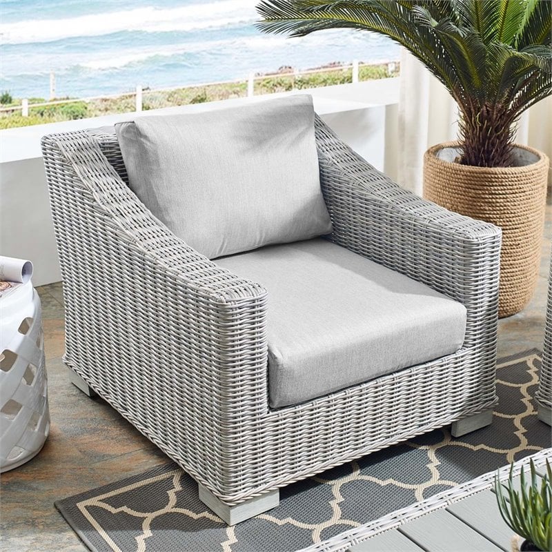 Modway Conway Modern Rattan & Fabric Outdoor Armchair in Light Gray