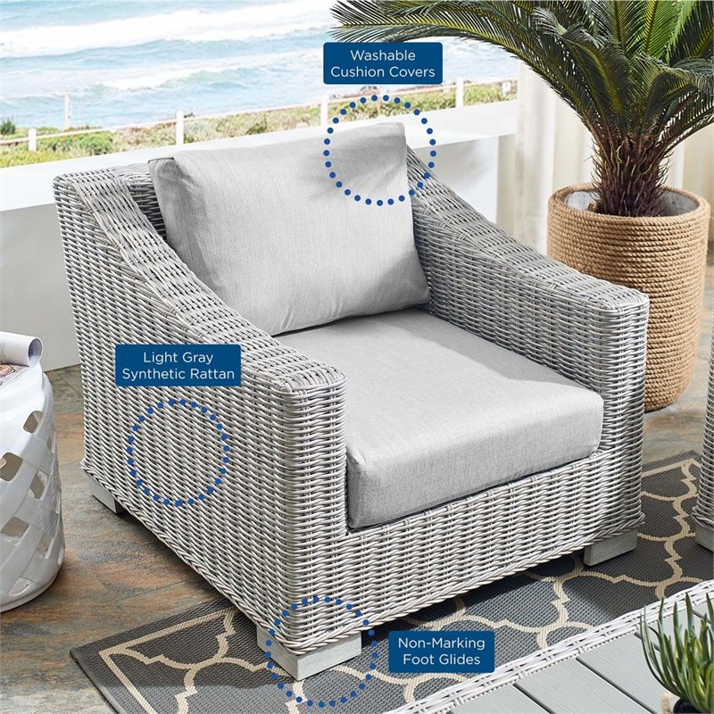 Modway Conway Modern Rattan & Fabric Outdoor Armchair in Light Gray