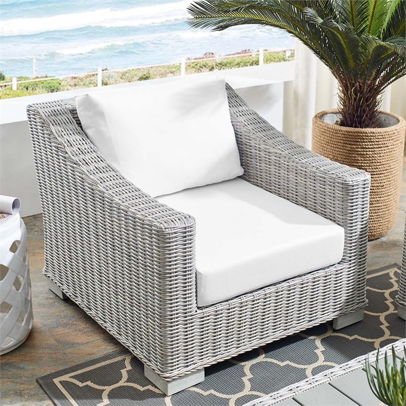 Modway Conway Modern Rattan & Fabric Outdoor Armchair in Light Gray/White