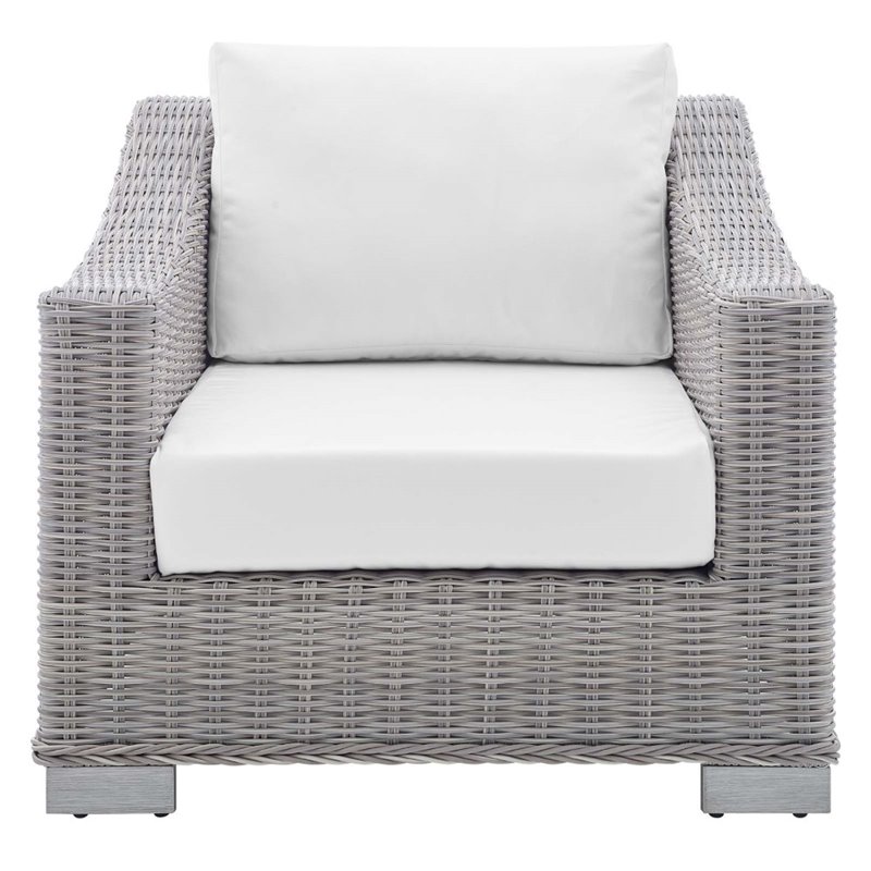 Modway Conway Modern Rattan & Fabric Outdoor Armchair in Light Gray/White