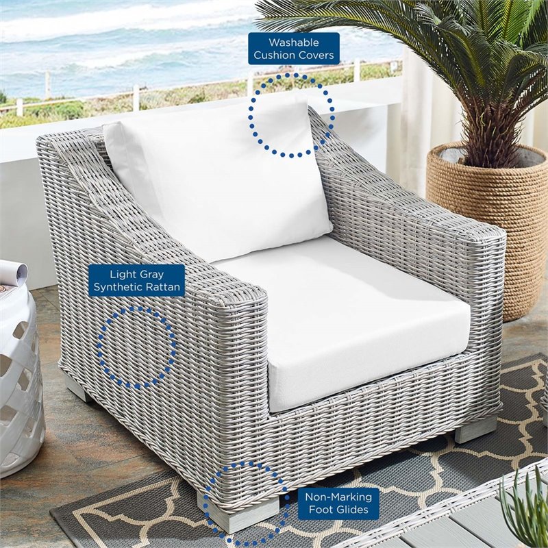 Modway Conway Modern Rattan & Fabric Outdoor Armchair in Light Gray/White