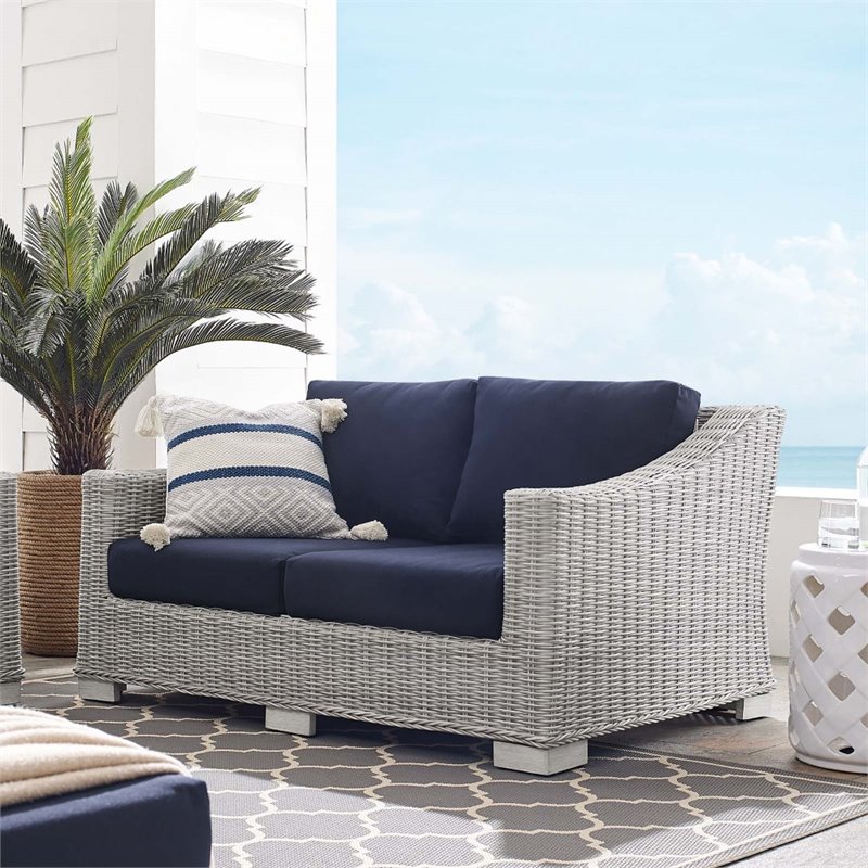 Modway Conway Modern Rattan & Fabric Outdoor Loveseat in Navy/Light Gray