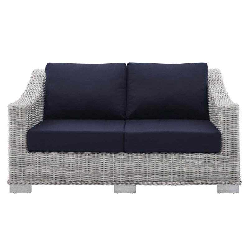 Modway Conway Modern Rattan & Fabric Outdoor Loveseat in Navy/Light Gray