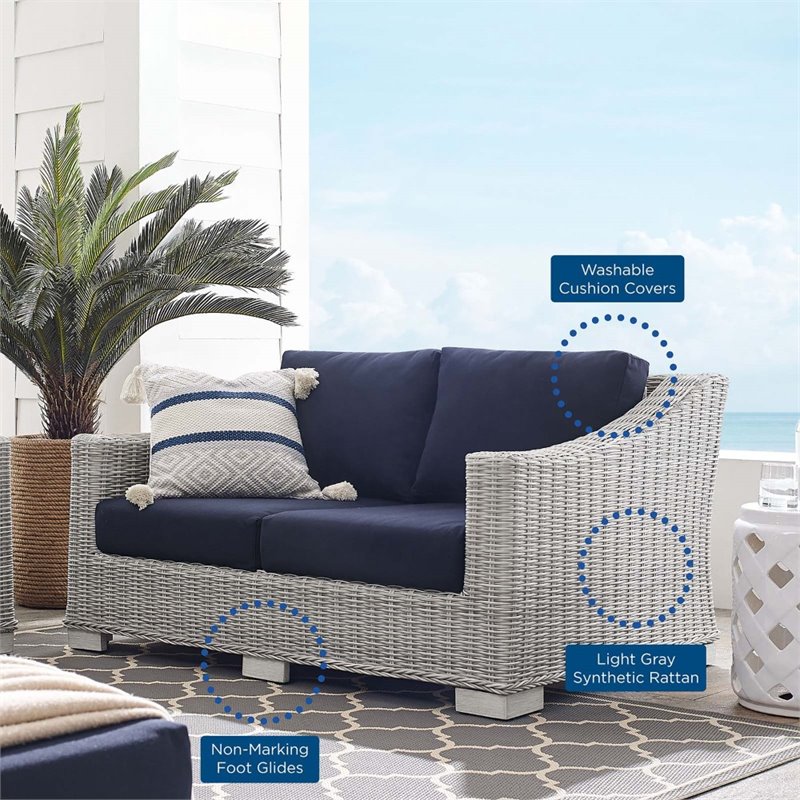 Modway Conway Modern Rattan & Fabric Outdoor Loveseat in Navy/Light Gray