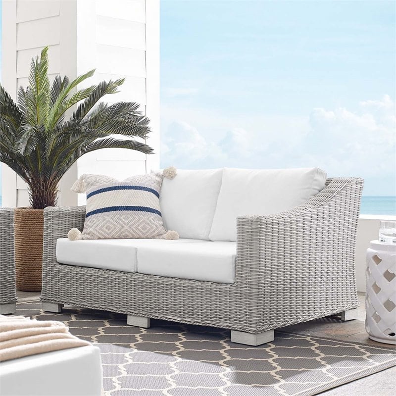Modway Conway Modern Rattan & Fabric Outdoor Loveseat in White