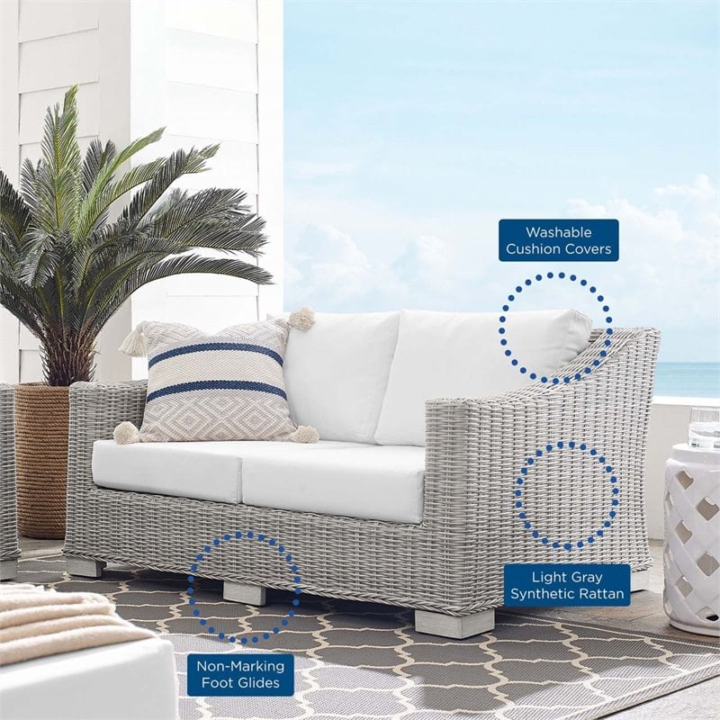 Modway Conway Modern Rattan & Fabric Outdoor Loveseat in White