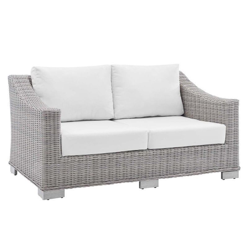 Modway Conway Modern Rattan & Fabric Outdoor Loveseat in White