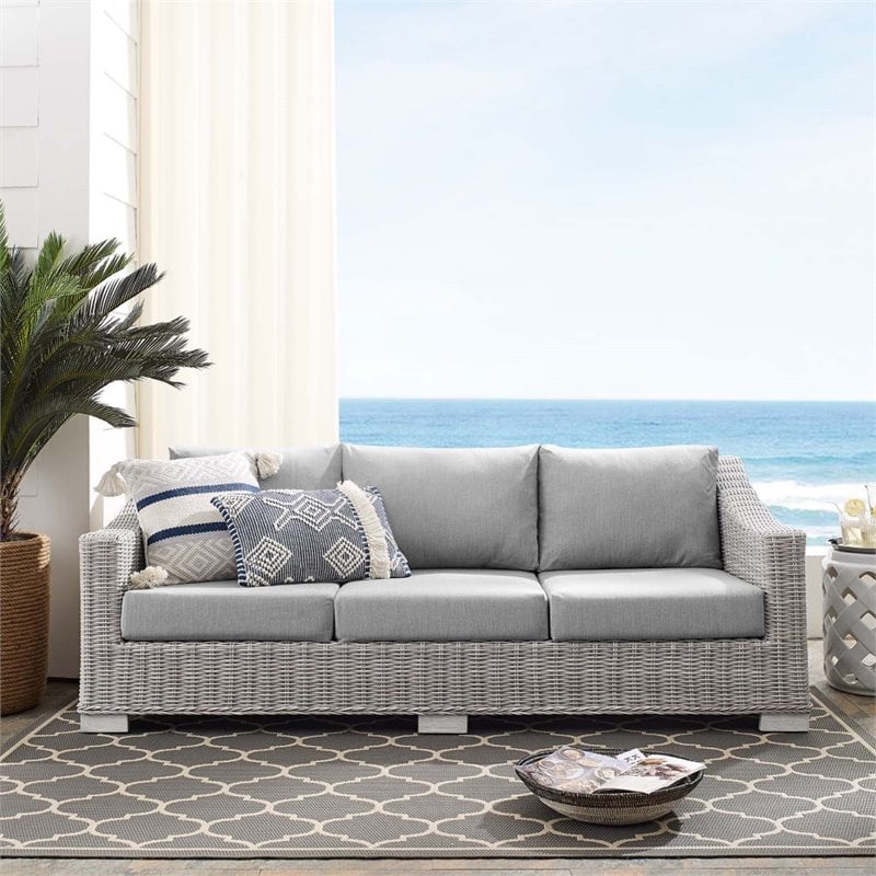 Modway Conway Modern Rattan & Fabric Outdoor Sofa in Light Gray