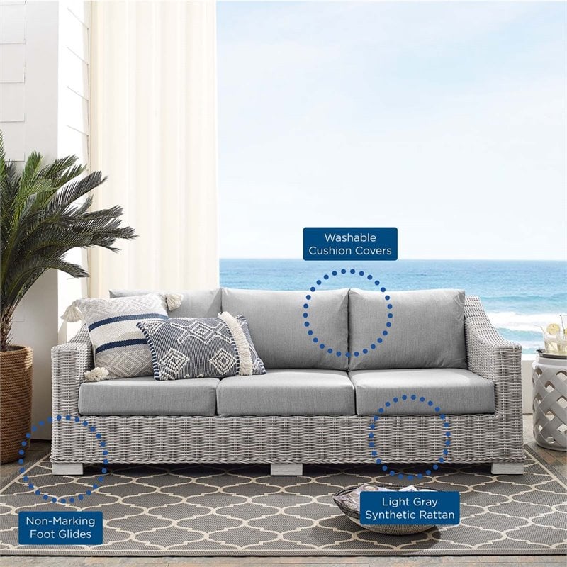 Modway Conway Modern Rattan & Fabric Outdoor Sofa in Light Gray