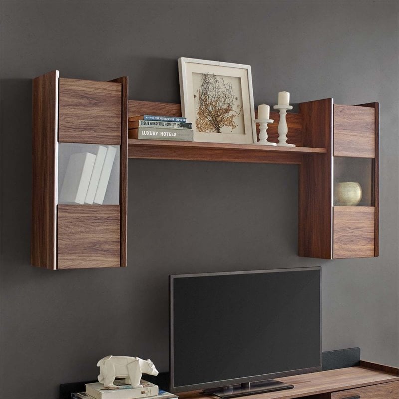 modway visionary modern laminate wall mounted shelves in walnut