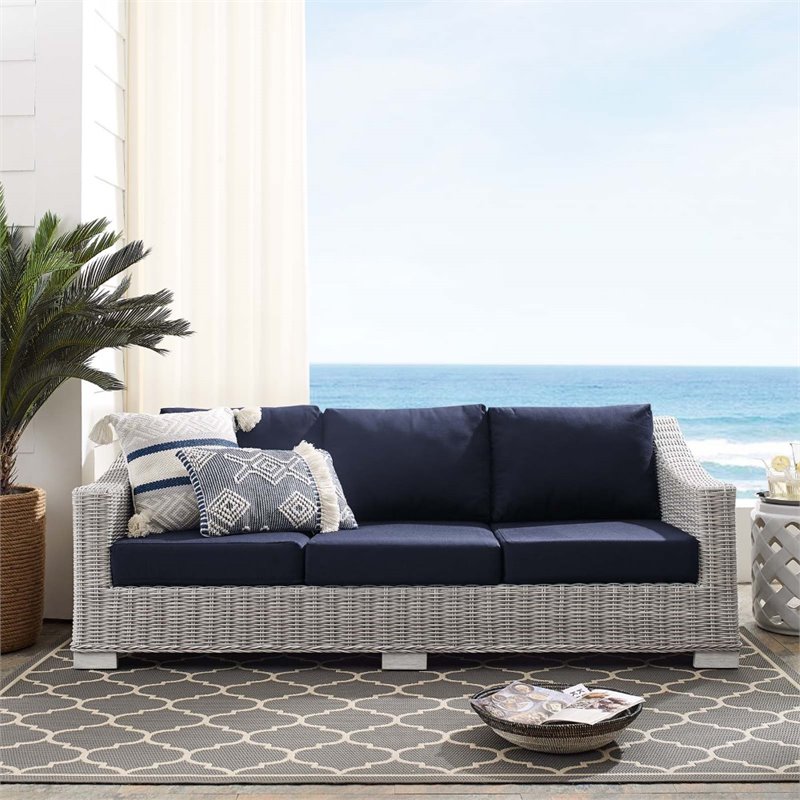 Modway Conway Modern Rattan & Fabric Outdoor Sofa in Navy/Light Gray