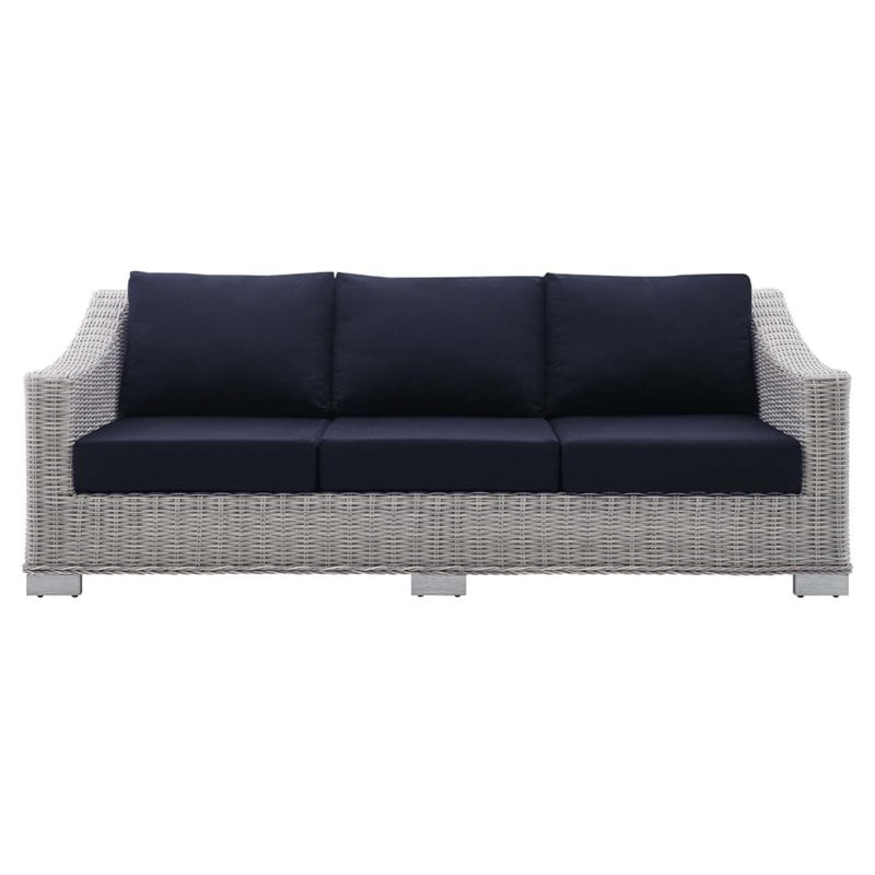 Modway Conway Modern Rattan & Fabric Outdoor Sofa in Navy/Light Gray