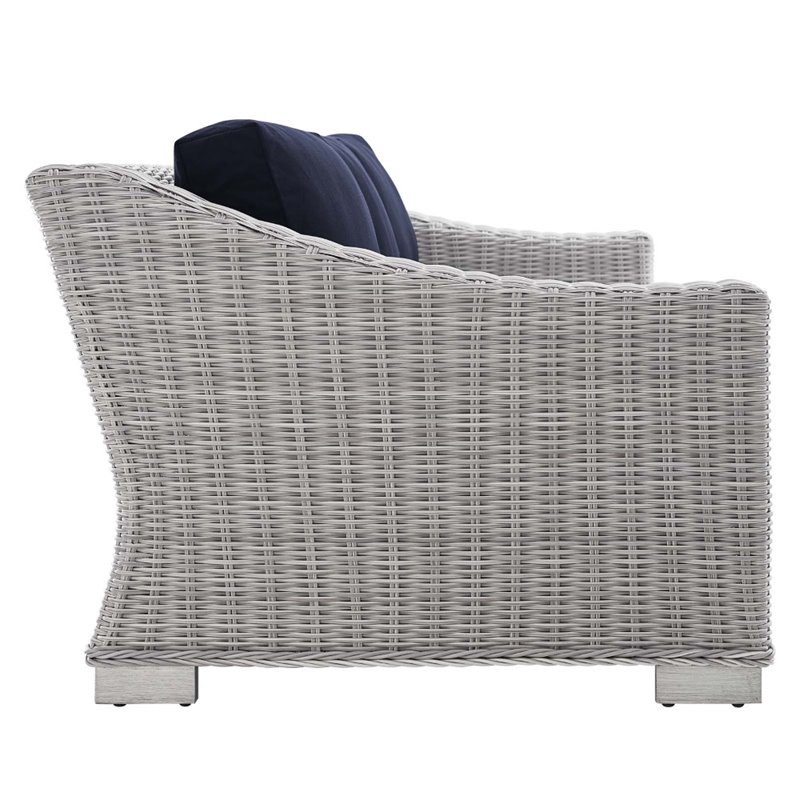 Modway Conway Modern Rattan & Fabric Outdoor Sofa in Navy/Light Gray