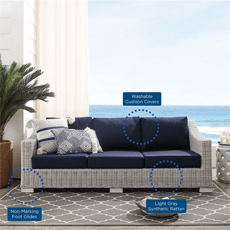 Modway Conway Modern Rattan & Fabric Outdoor Sofa in Navy/Light Gray