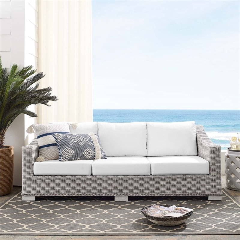Modway Conway Modern Rattan & Fabric Outdoor Sofa in White/Light Gray