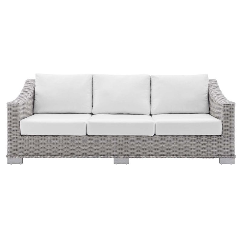 Modway Conway Modern Rattan & Fabric Outdoor Sofa in White/Light Gray