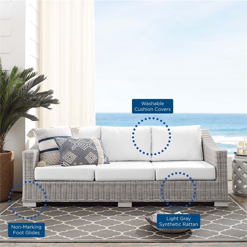Modway Conway Modern Rattan & Fabric Outdoor Sofa in White/Light Gray