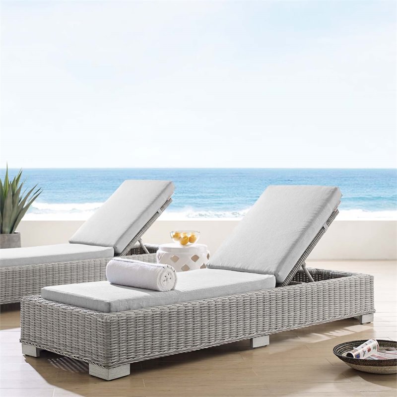 Modway Conway Modern Rattan & Fabric Patio Chaise Lounge in Light Gray