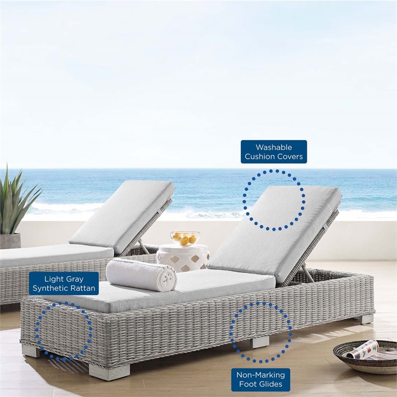 Modway Conway Modern Rattan & Fabric Patio Chaise Lounge in Light Gray