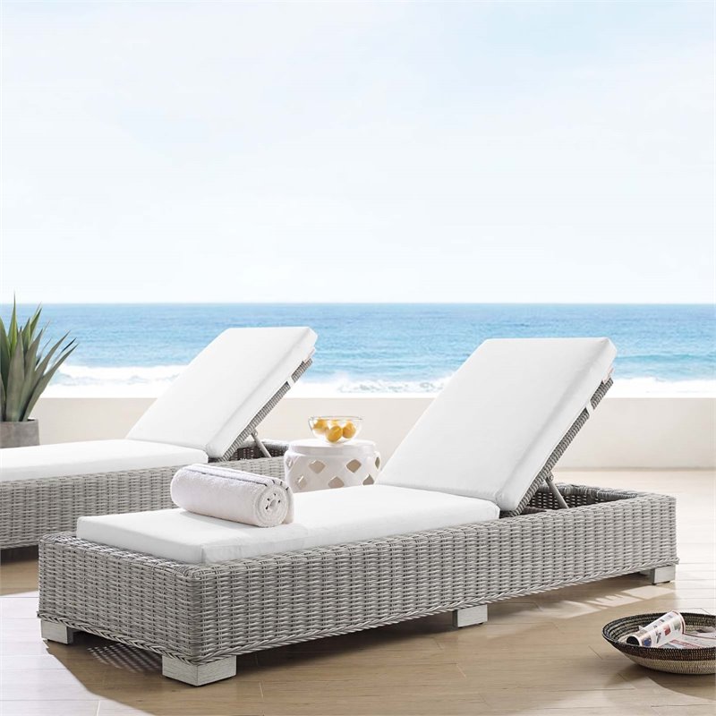 Modway Conway Modern Rattan & Fabric Patio Chaise Lounge in Light Gray/White