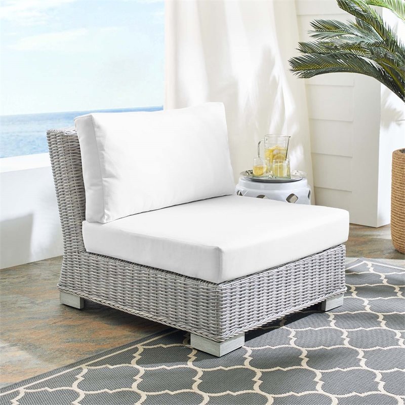 Modway Conway Modern Rattan & Fabric Outdoor Armless Chair in Light Gray/White