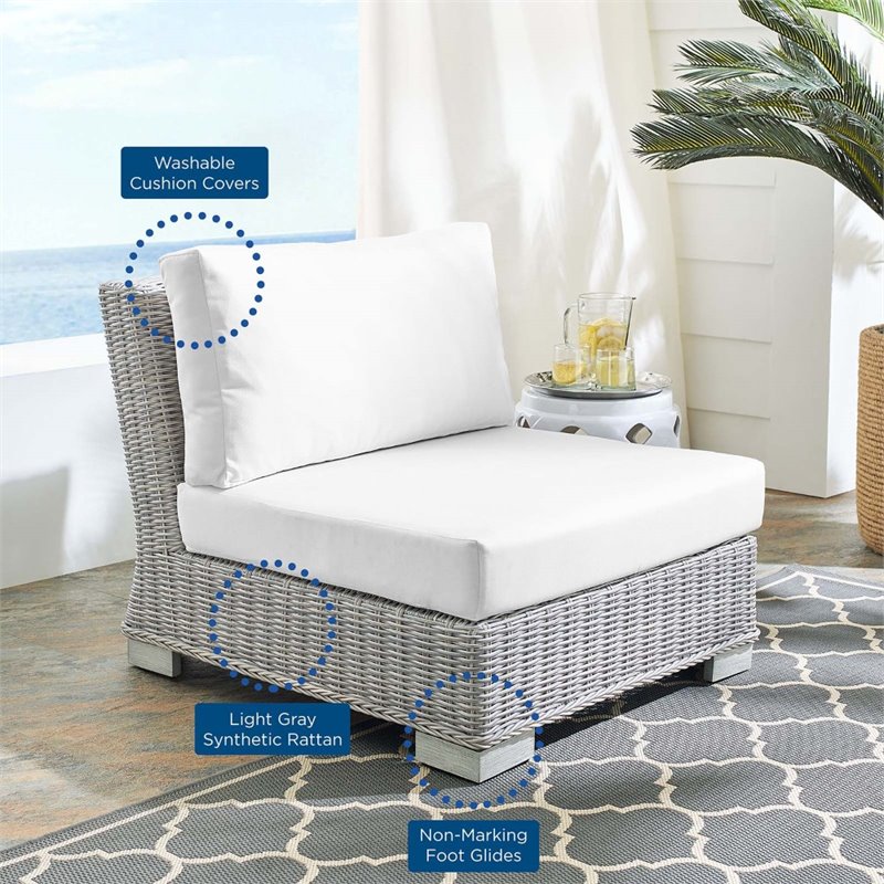 Modway Conway Modern Rattan & Fabric Outdoor Armless Chair in Light Gray/White