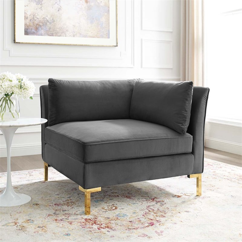 Modway Ardent Modern Performance Velvet Corner Chair in Gray/Gold