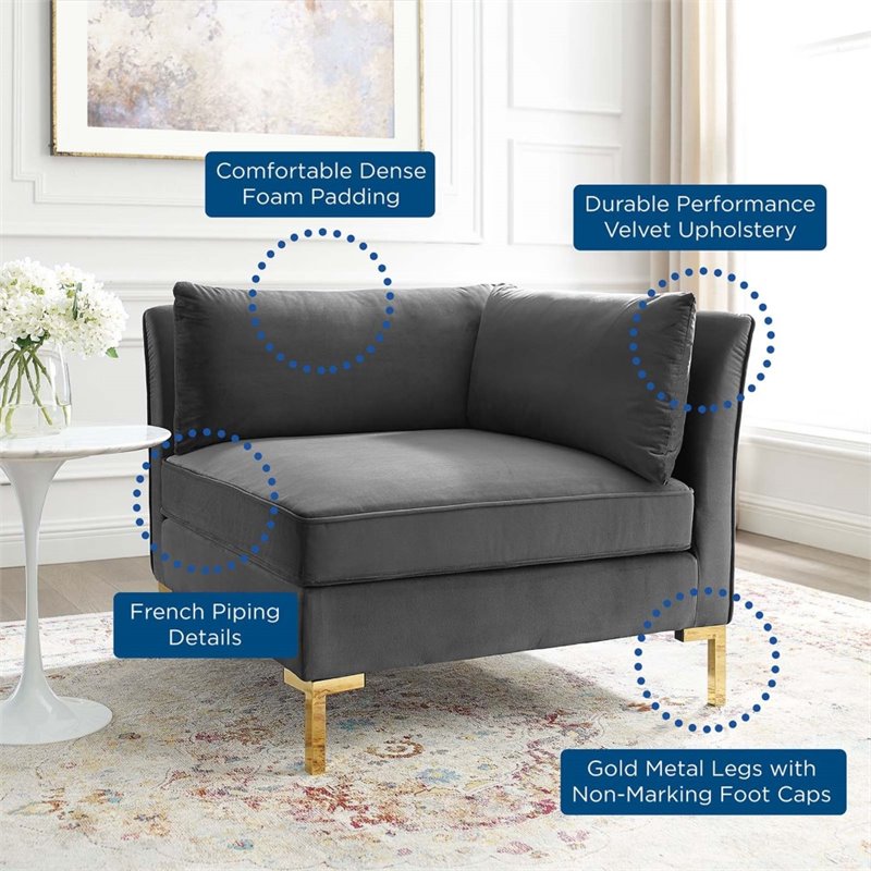 Modway Ardent Modern Performance Velvet Corner Chair in Gray/Gold