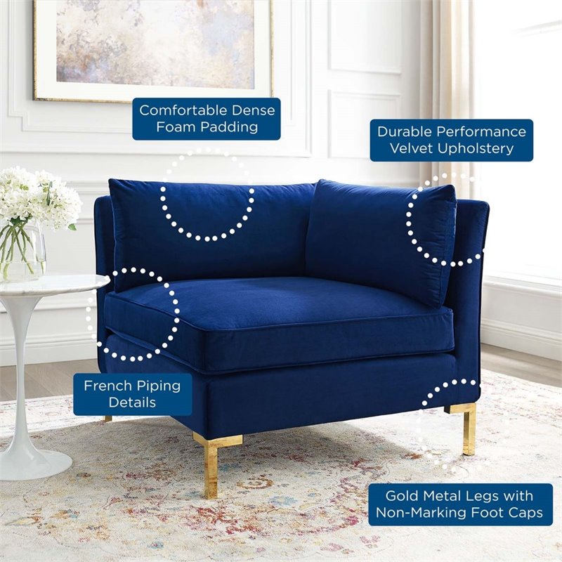 Modway Ardent Modern Performance Velvet Corner Chair in Navy/Gold