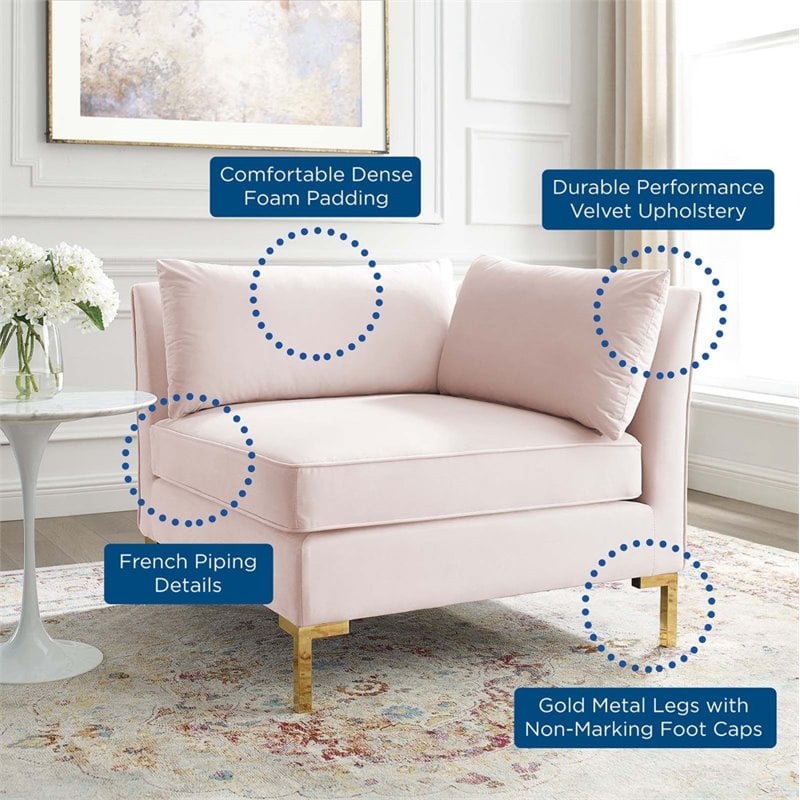 Modway Ardent Modern Performance Velvet Corner Chair in Pink/Gold