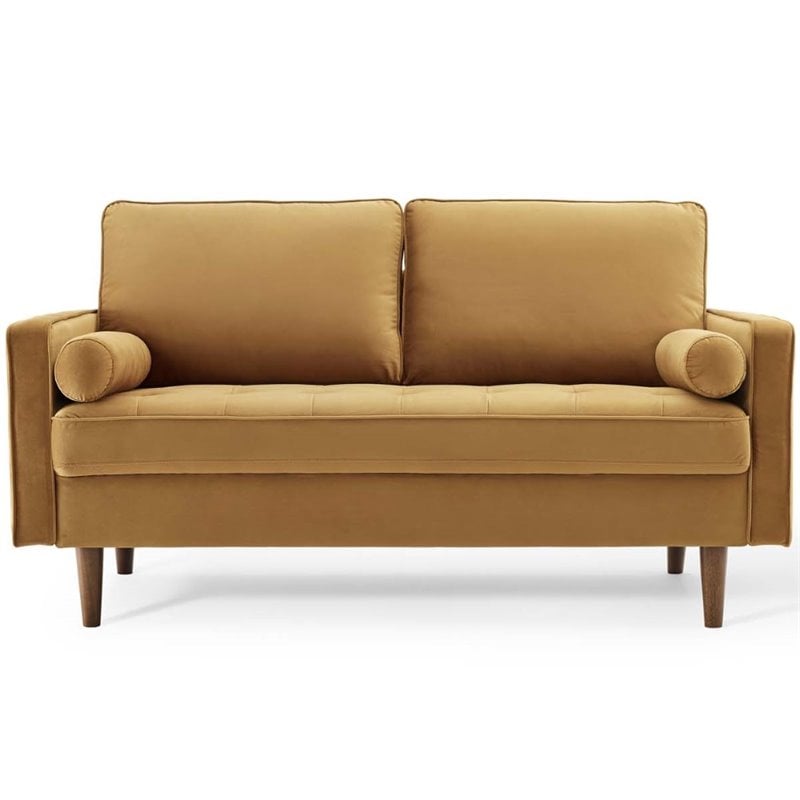 Modway Valour Modern Performance Velvet Loveseat in Cognac Brown/Walnut