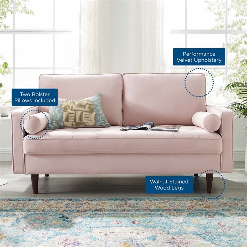 Modway Valour Modern Performance Velvet Loveseat in Pink/Walnut