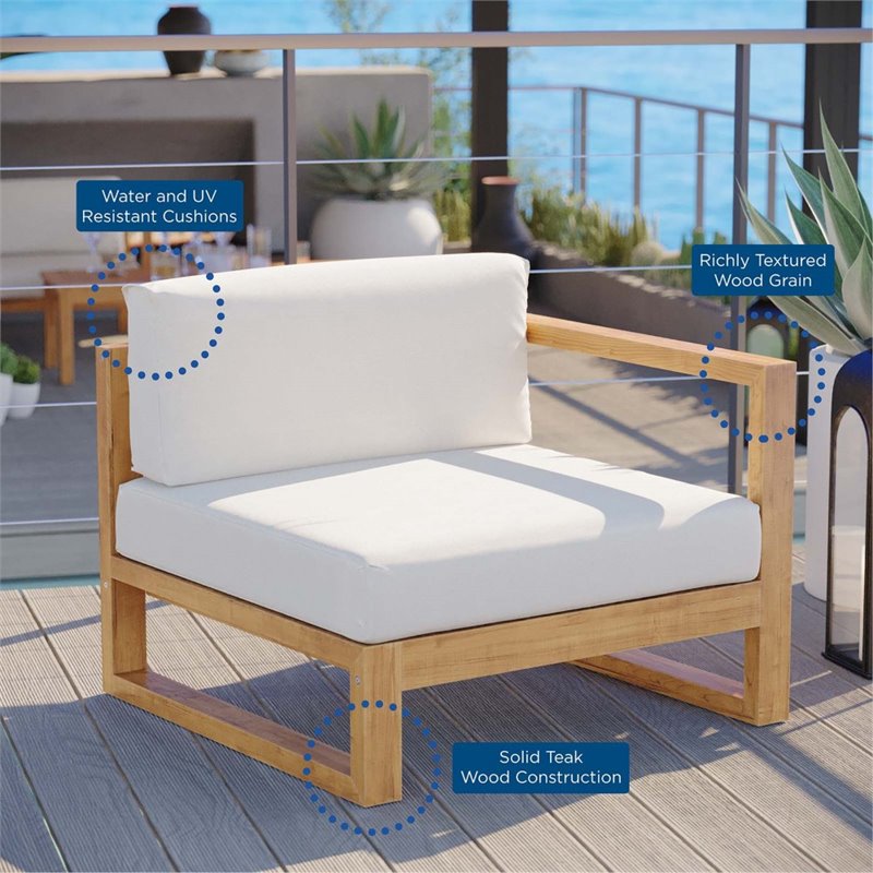 Modway Upland Modern Solid Teak Wood Outdoor Right-Arm Chair in Natural/White