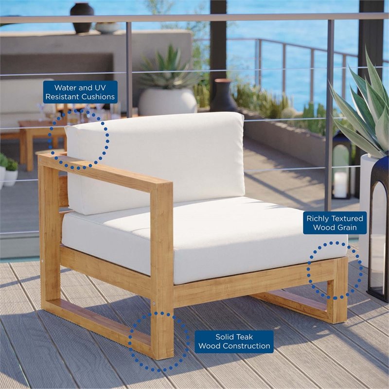 Modway Upland Modern Solid Teak Wood Outdoor Left-Arm Chair in Natural/White