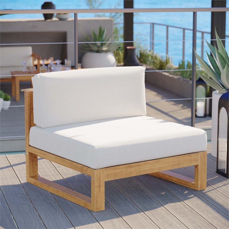 Modway Upland Modern Solid Teak Wood Outdoor Armless Chair in Natural/White