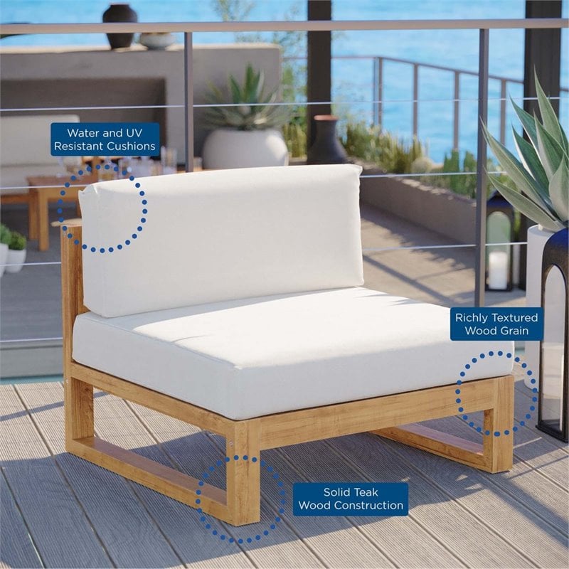 Modway Upland Modern Solid Teak Wood Outdoor Armless Chair in Natural/White