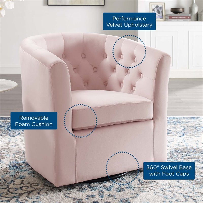 Modway Prospect Tufted Performance Velvet/Wood Swivel Armchair in Pink