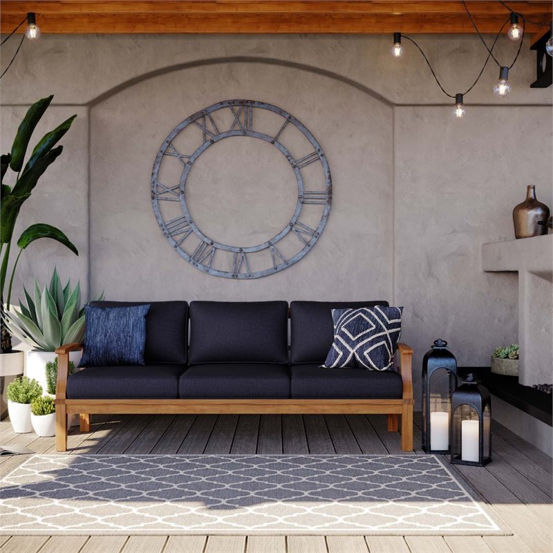 Modway Marina Teak Wood & Fabric Patio Sofa in Natural and Navy