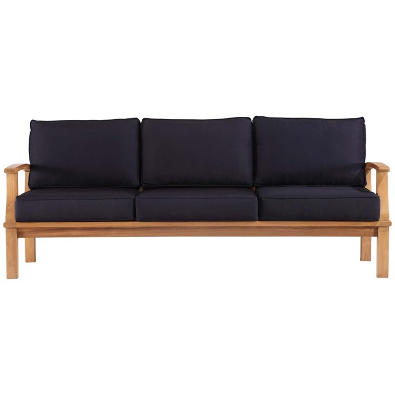 Modway Marina Teak Wood & Fabric Patio Sofa in Natural and Navy