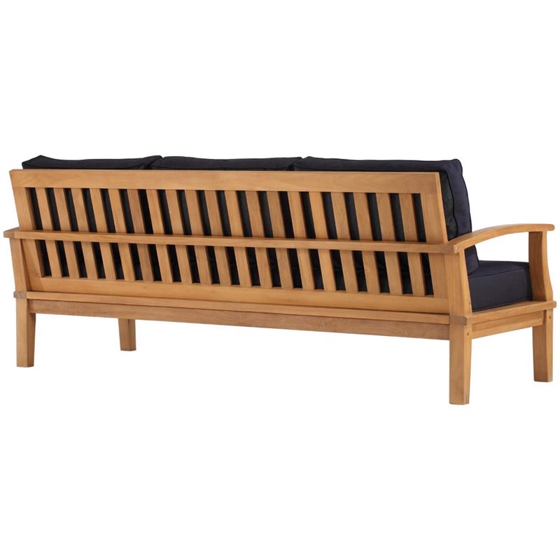 Modway Marina Teak Wood & Fabric Patio Sofa in Natural and Navy