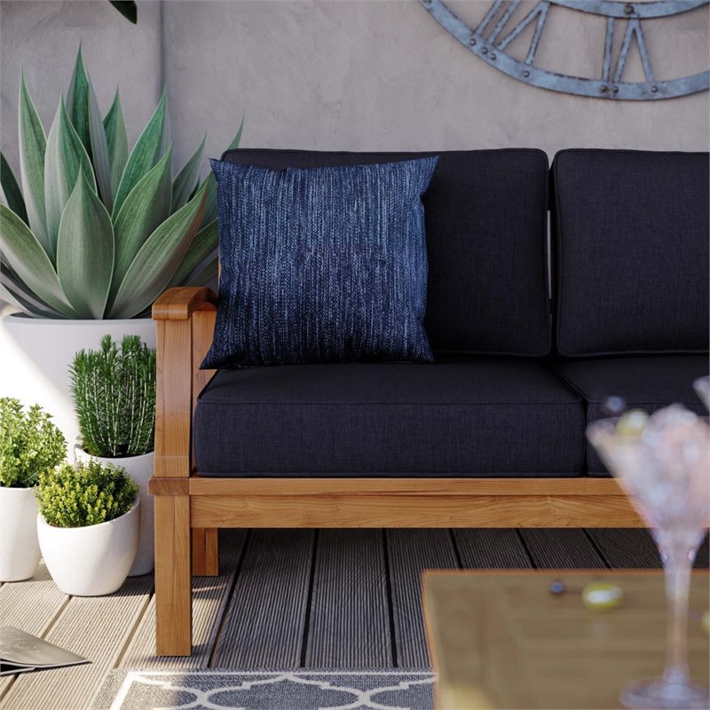 Modway Marina Teak Wood & Fabric Patio Sofa in Natural and Navy