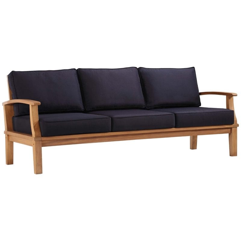 Modway Marina Teak Wood & Fabric Patio Sofa in Natural and Navy