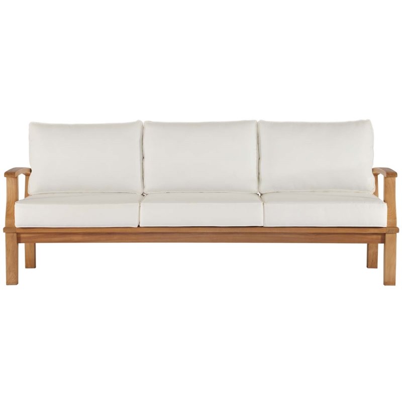 Modway Marina Teak Wood & Fabric Patio Sofa in Natural and White