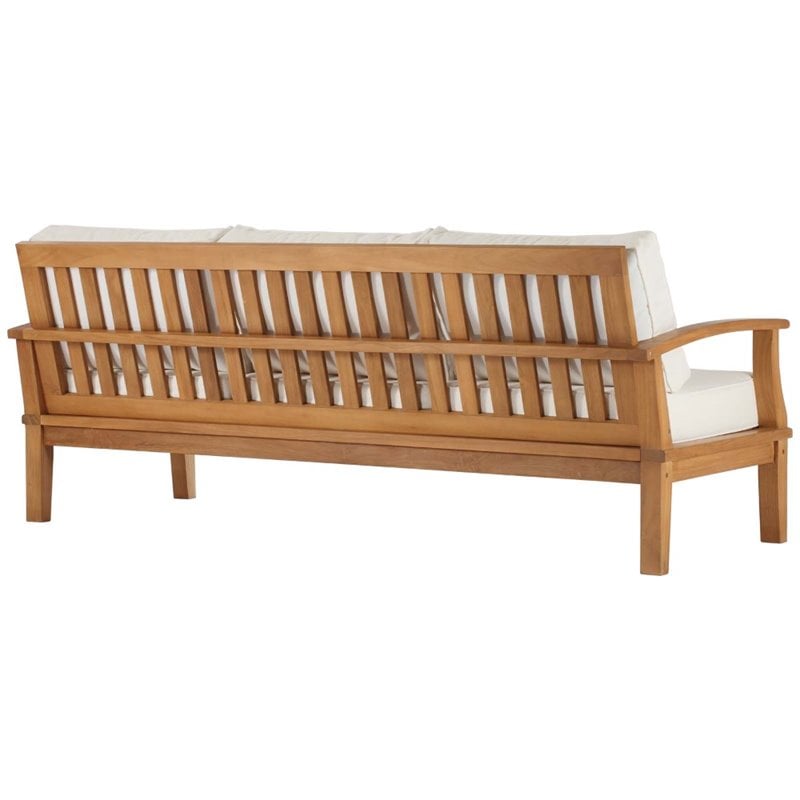 Modway Marina Teak Wood & Fabric Patio Sofa in Natural and White